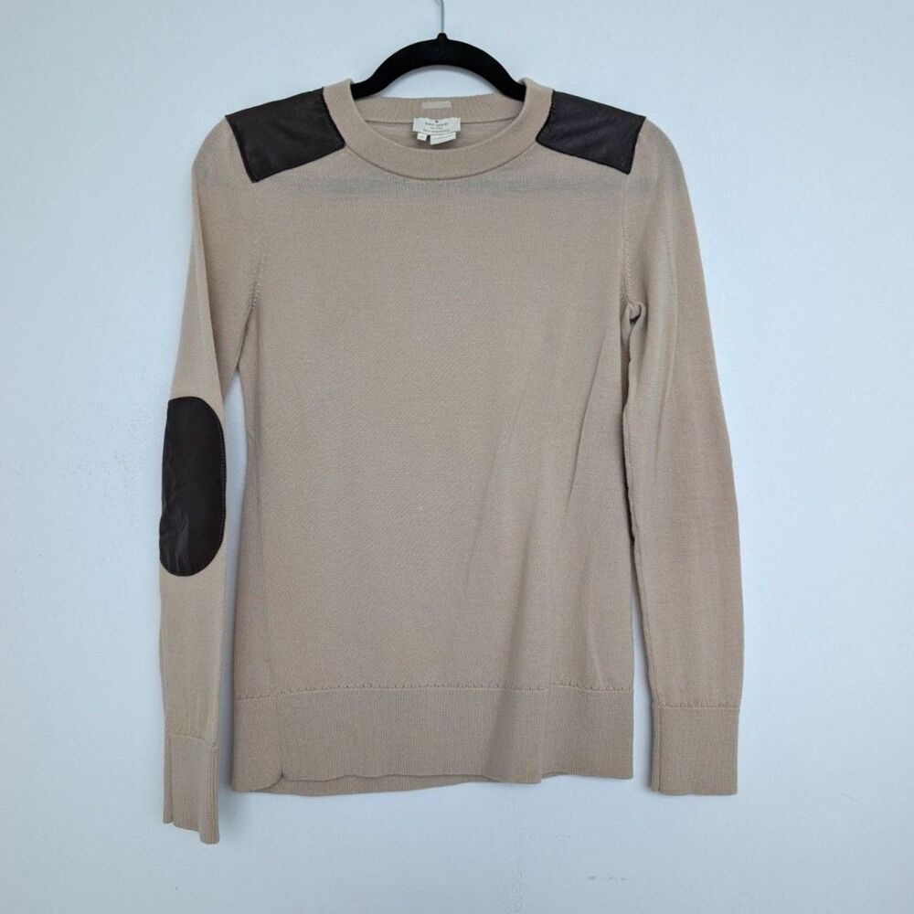 Kate Spade Wool Genni Sweater Leather Trim Continental Beige Sz S Crewneck